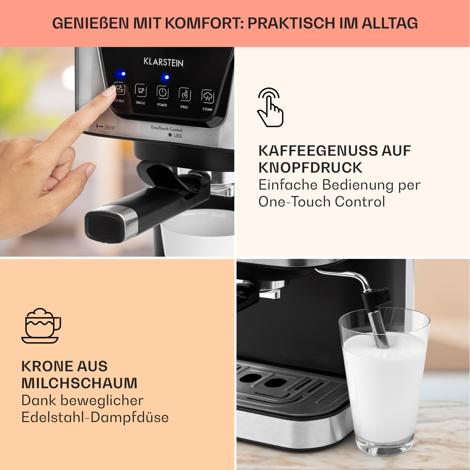 Kaffeemaschine mit Text über One-Touch-Bedienung und Milchschaum, mit einer Hand, die die Maschine bedient.
