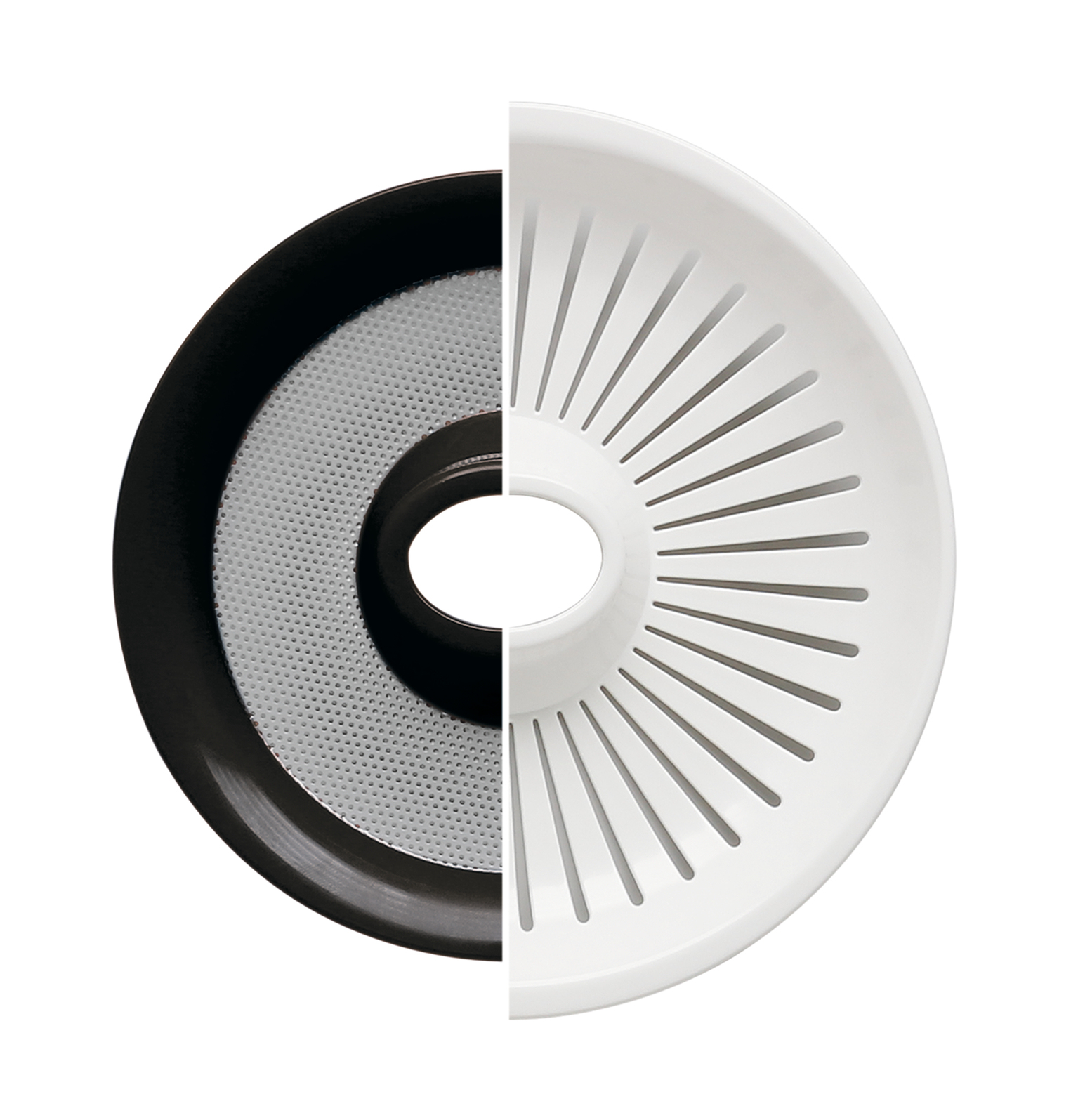 Filtr czarno-biały. Jest podzielony na pół, pokazując czarną stronę i białą stronę z otworami.