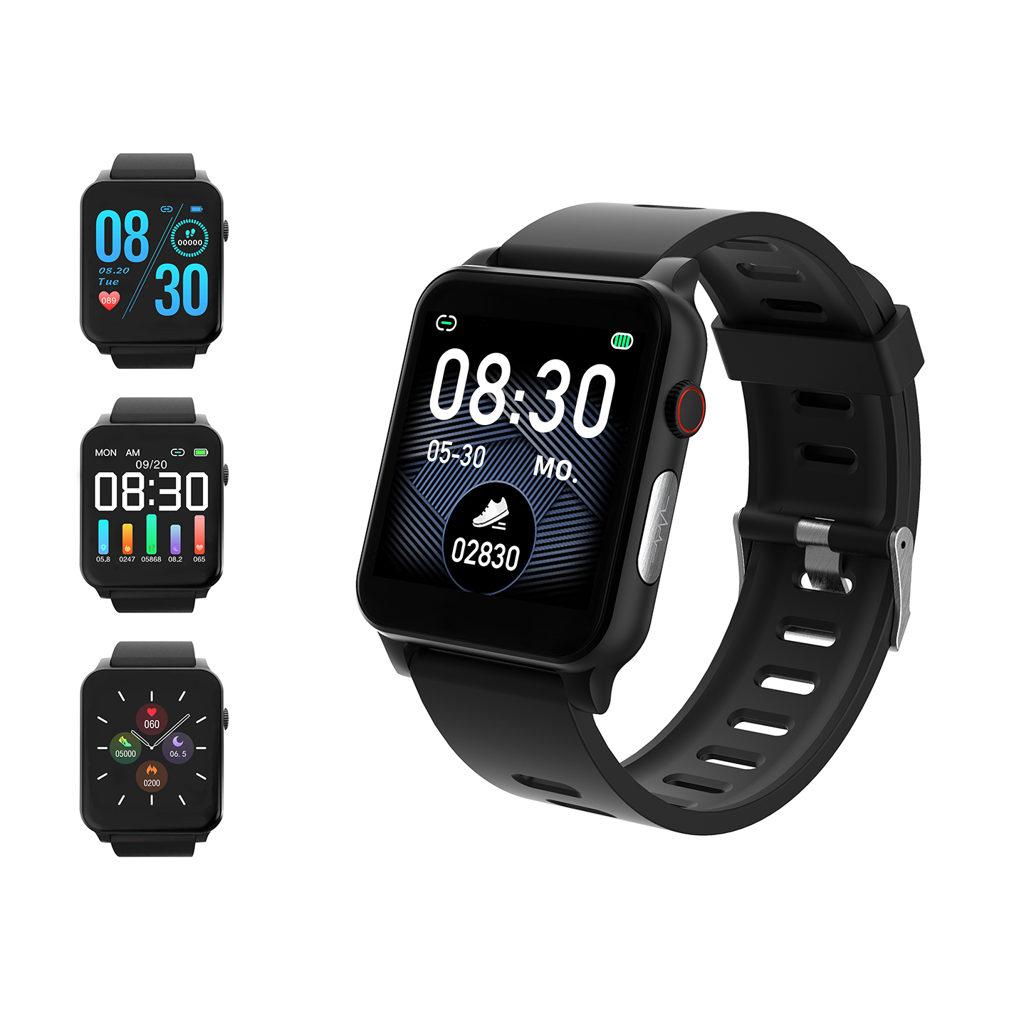 Drei schwarze Smartwatches auf weißem Hintergrund, eine groß, zwei klein.