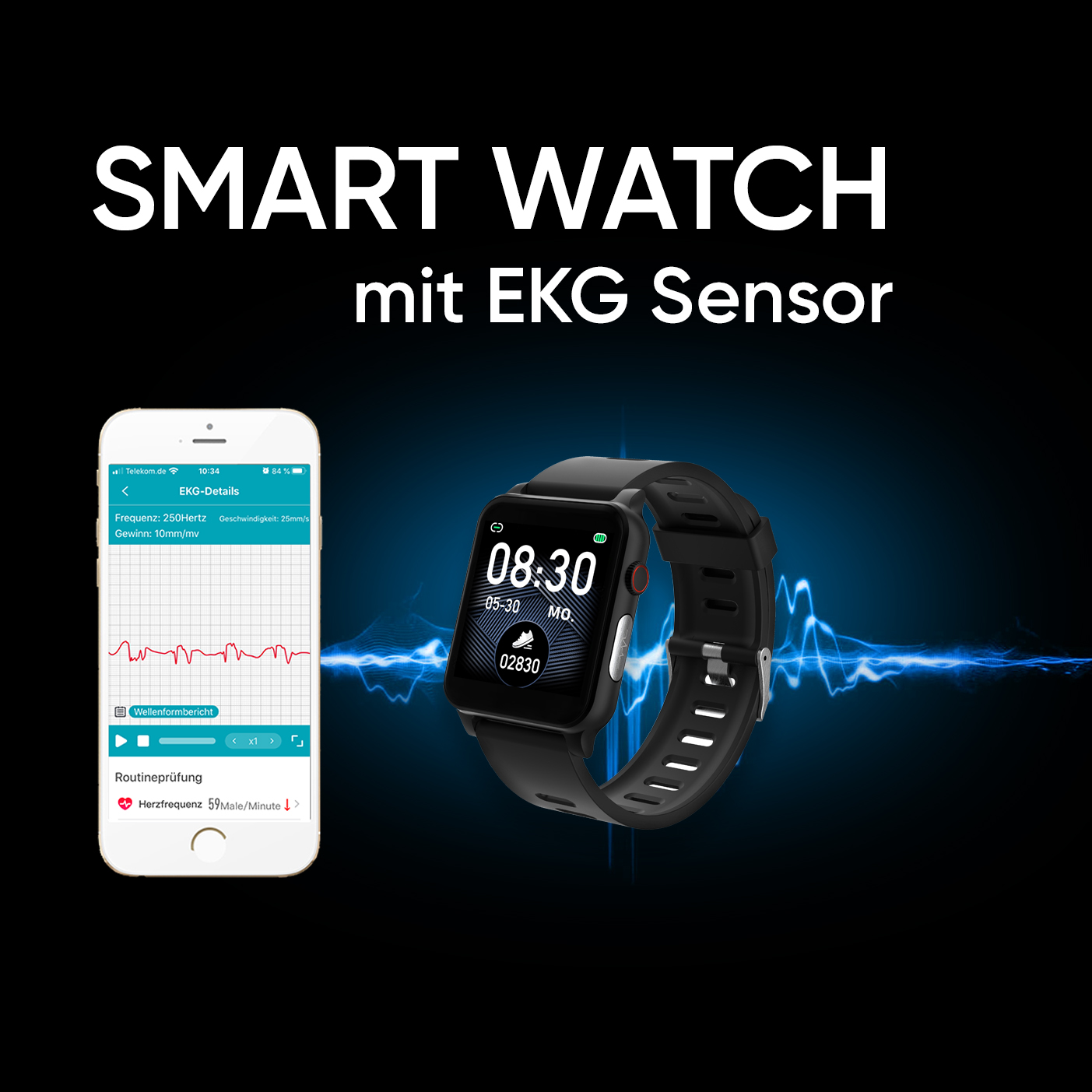 Schwarze Smartwatch mit EKG-Anzeige auf dem Bildschirm und einer App auf dem Handy.