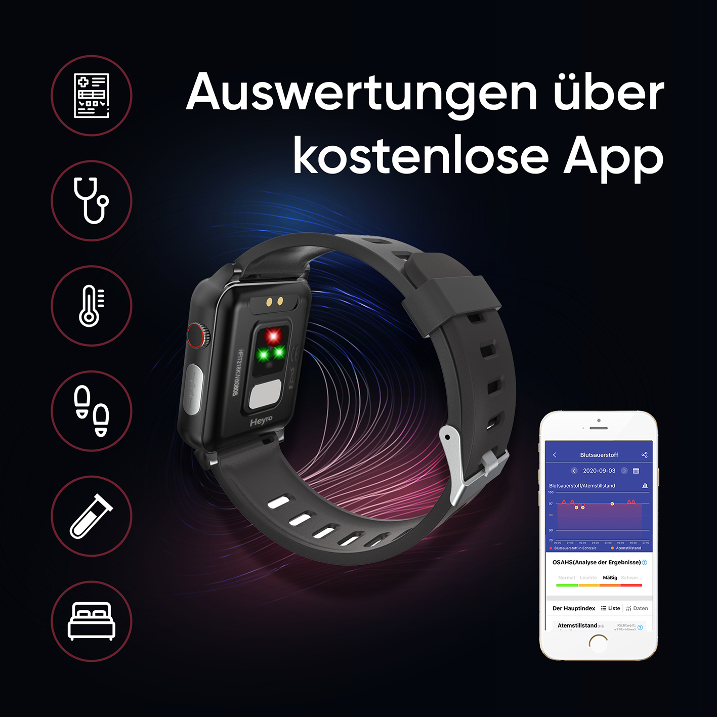 Smartwatch mit Gesundheits-Icons und App-Anzeige. Auswertungen über kostenlose App.