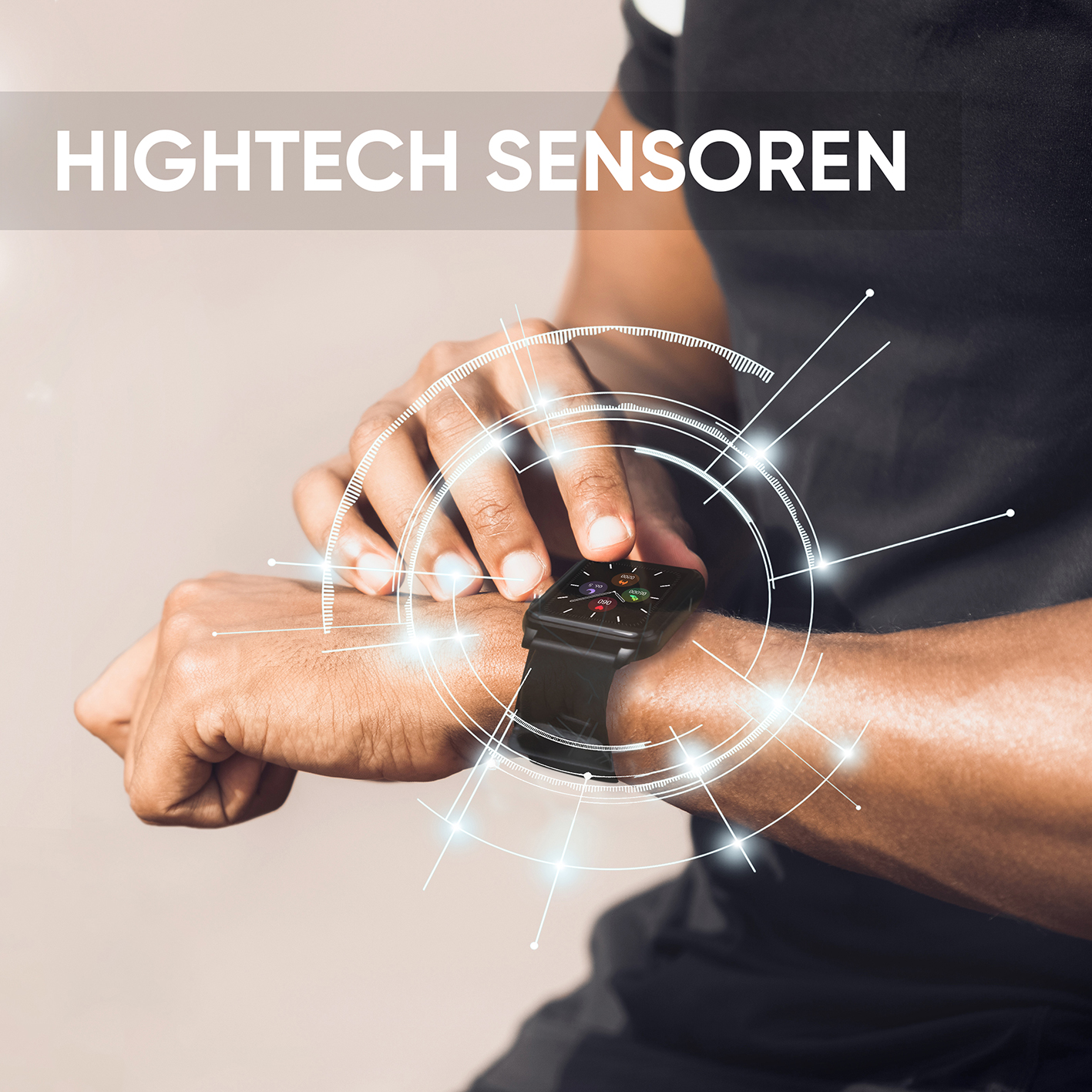 Mann berührt eine Smartwatch mit Hightech-Sensoren-Aufdruck.