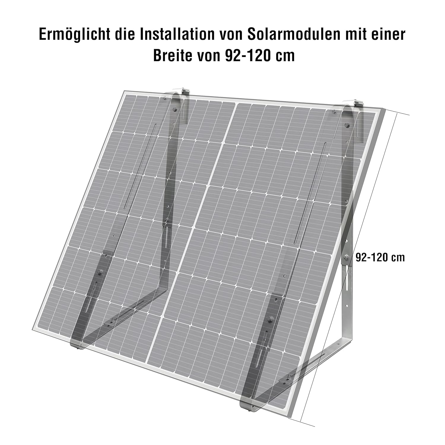 Ein Solarpanel-Montagesystem mit zwei Paneelen. Der Text lautet: 92-120 cm, für eine Solarmodul-Installation.