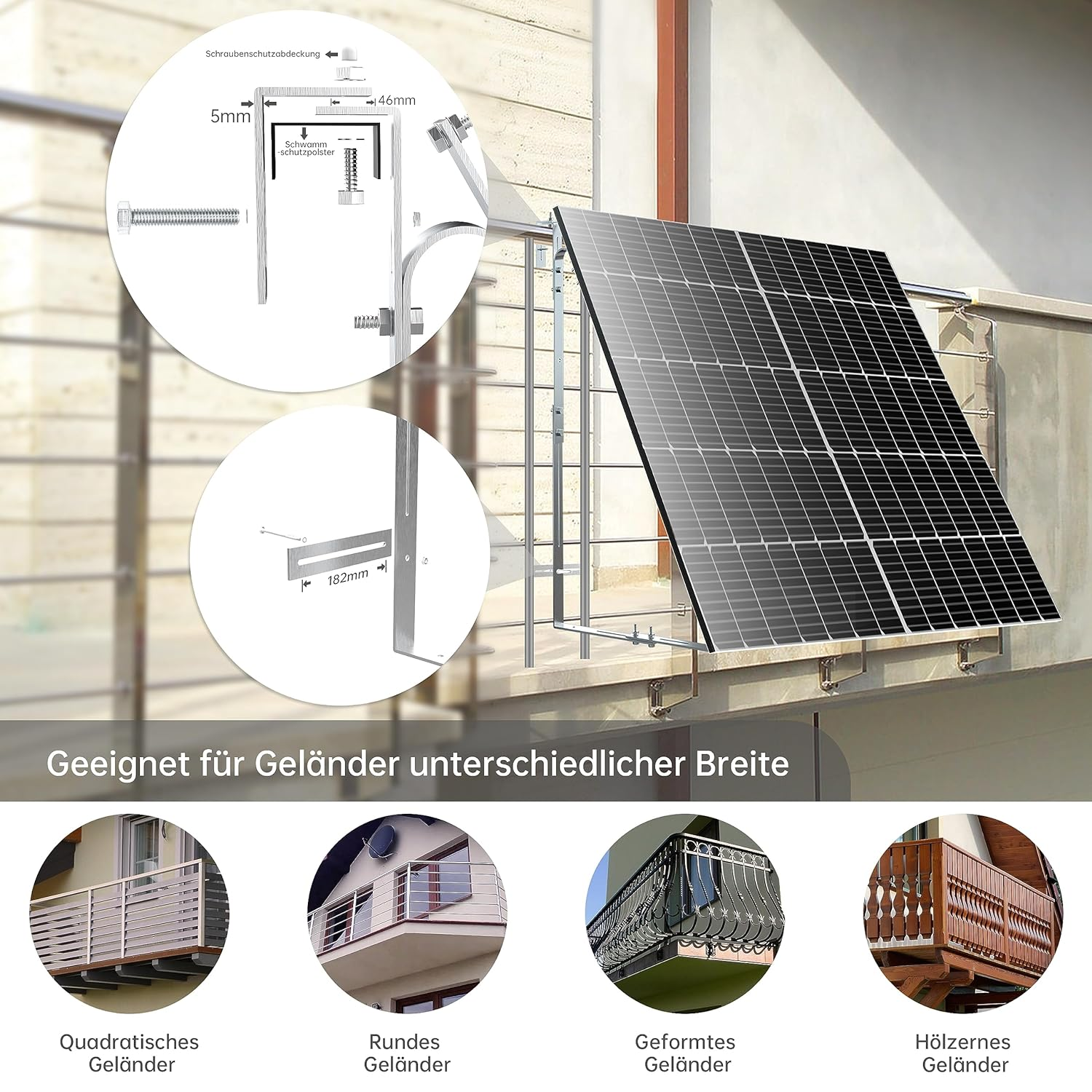 Solarpanel an einem Balkongeländer montiert. Verschiedene Geländerstile werden gezeigt. Text: Geeignet für verschiedene Breiten.