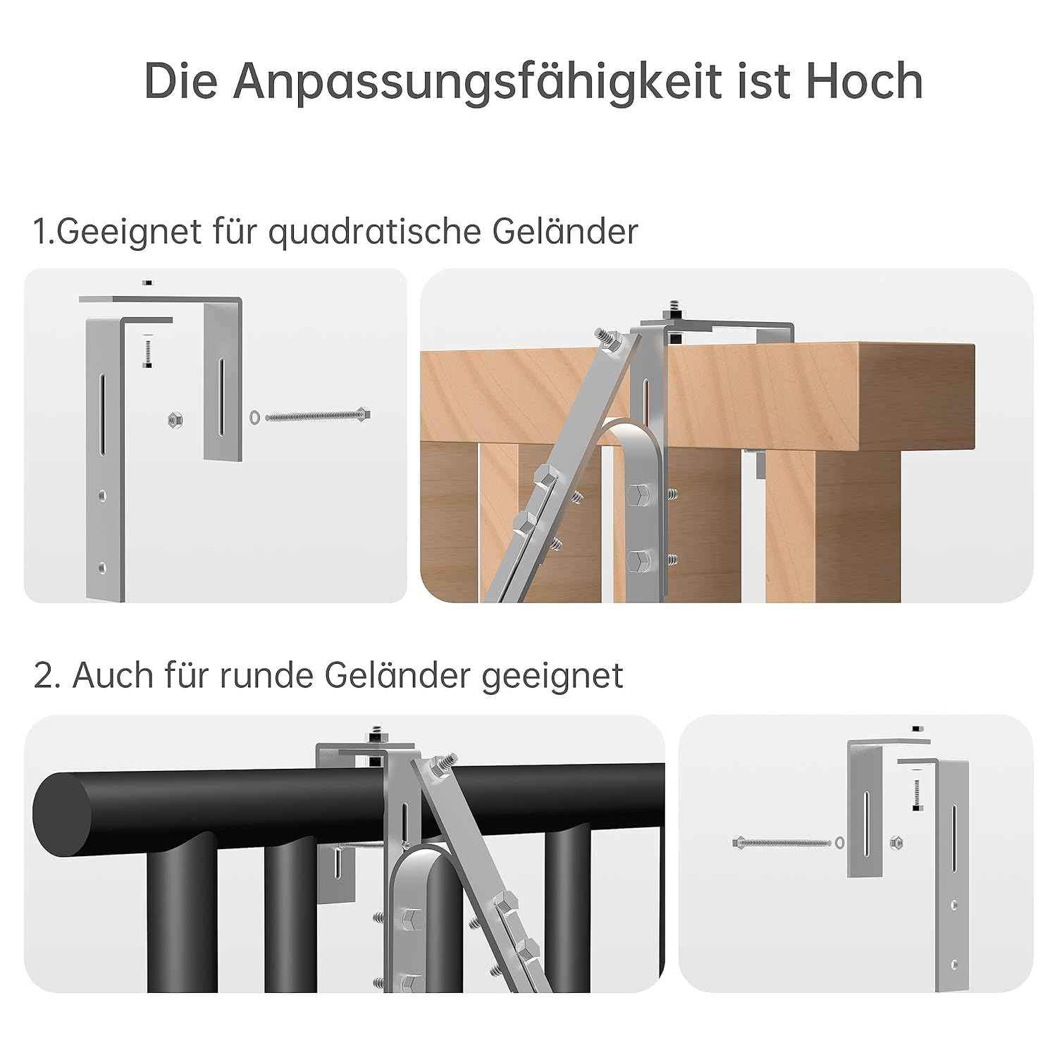Diagramm mit anpassbaren Zaunhalterungen. Ein Abschnitt zeigt quadratisch, der andere rund.