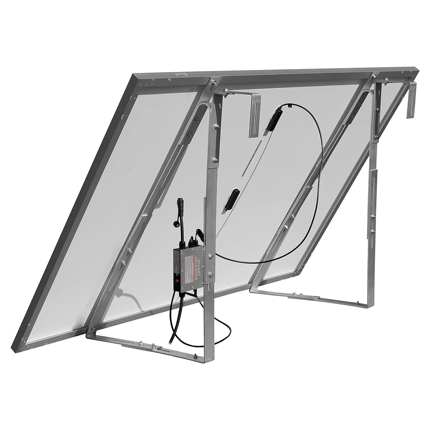 Solarpanelstruktur, abgewinkelt, mit Kabeln und einer kleinen Steuerbox.