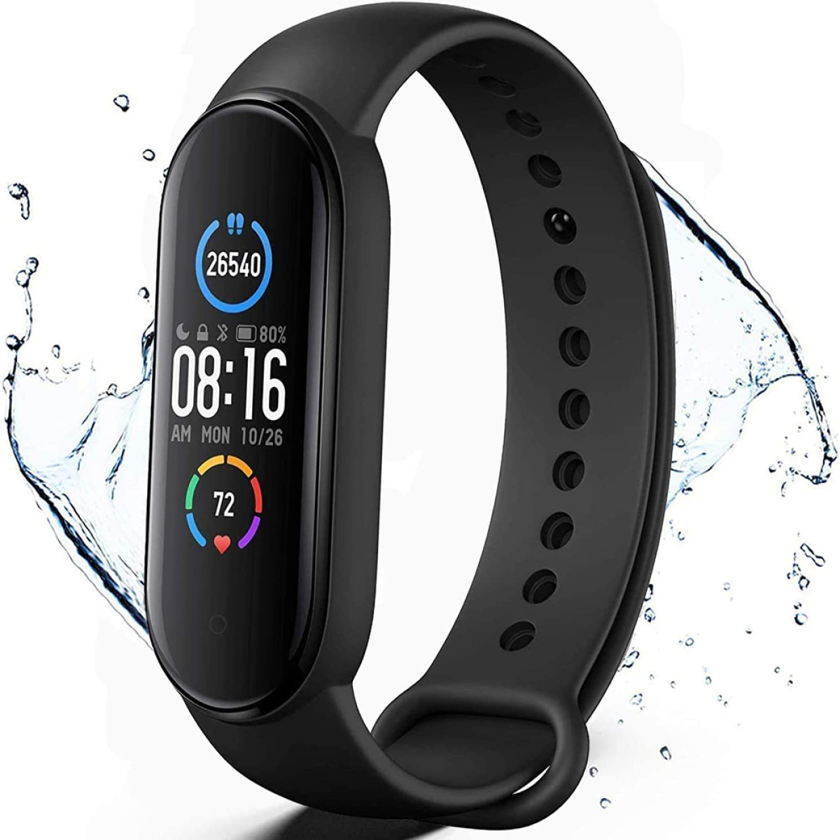 Schwarze Smartwatch zeigt Uhrzeit, Datum und Gesundheitsdaten. Wasserspritzer im Hintergrund.