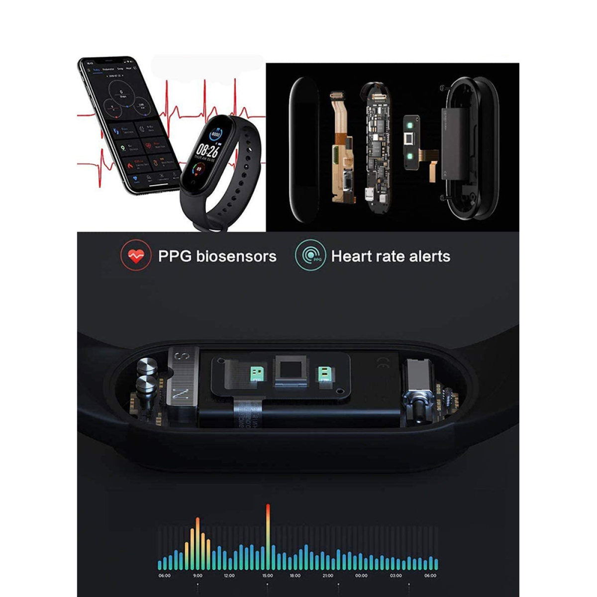 Smartwatch und Telefon-Display. Nahaufnahme der Uhrenkomponenten. Schwarzer Hintergrund mit Diagrammen.