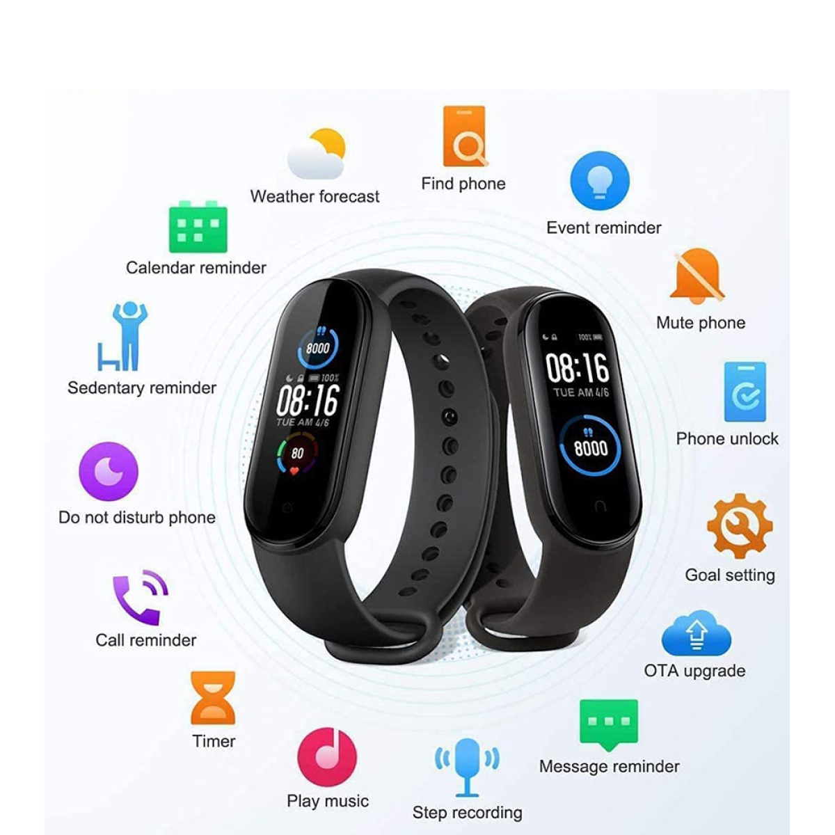 Zwei schwarze Smartwatches mit Symbolen. Zeigt Zeit und verschiedene App-Symbole an.