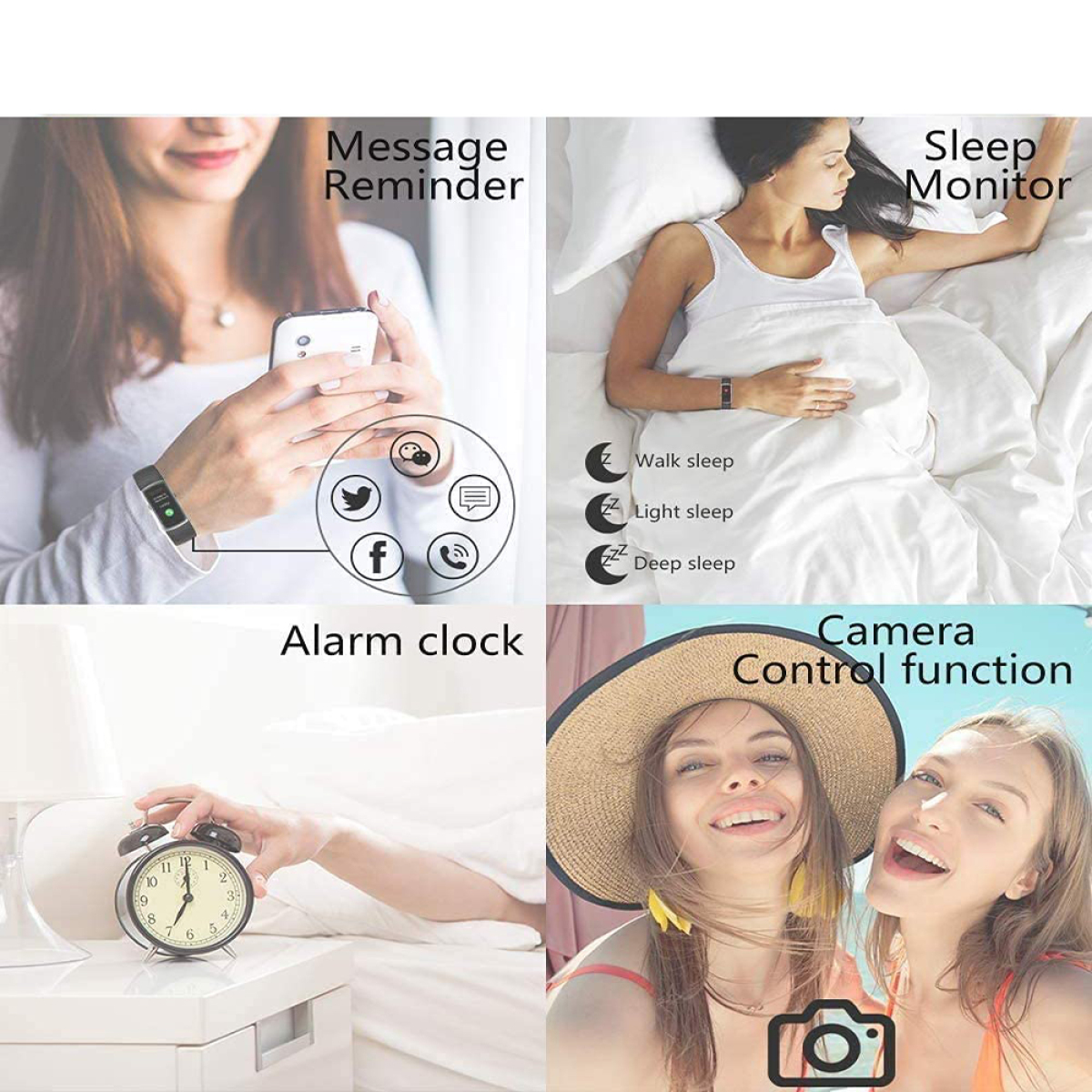 Diagramm, das Smartwatch-Funktionen zeigt: Nachricht, Schlaf, Alarm und Kamerasteuerung. Frauen interagieren.