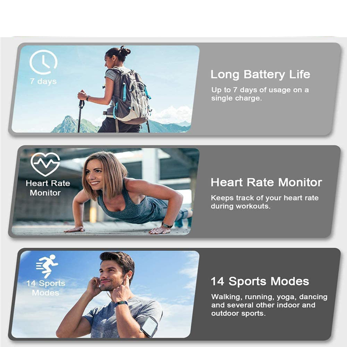 Grafiken zeigen eine Smartwatch mit Aktivitätssymbolen, eine wandernde Frau, Liegestütze und einen Mann am Telefon.