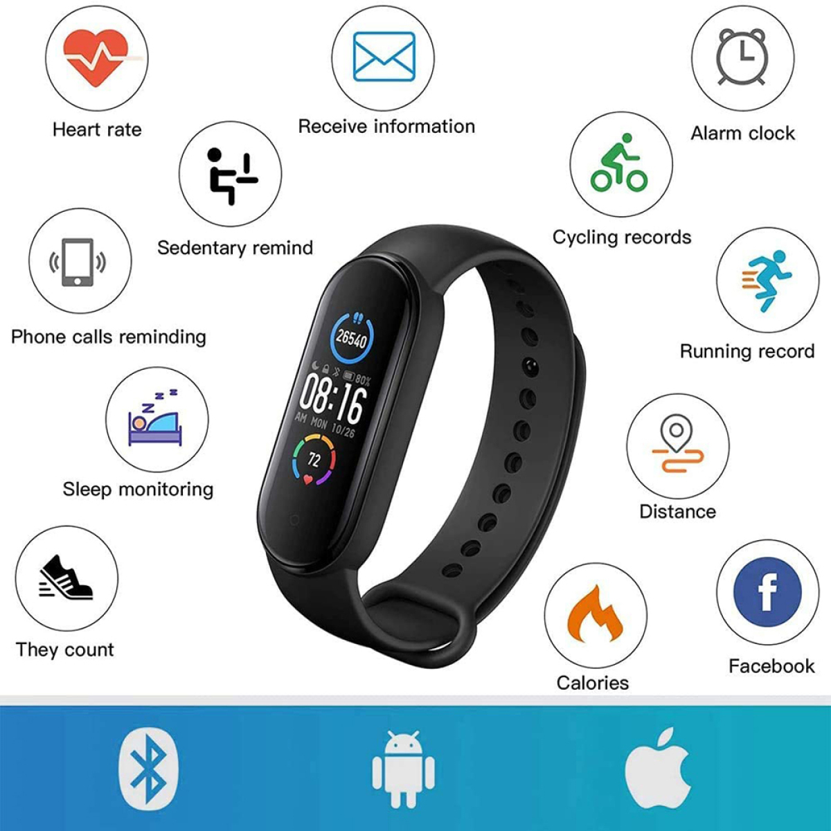 Schwarzer Fitnesstracker mit Zeitanzeige, Herzfrequenz und Symbolen.