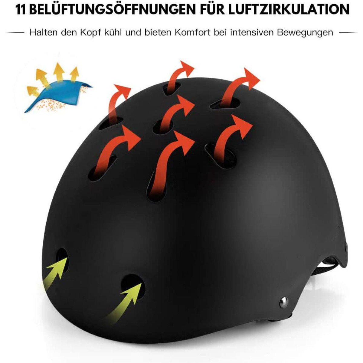 Schwarzer Helm mit Belüftungsöffnungen. Pfeile zeigen den Luftstrom. Text: "11 Belüftungsöffnungen".