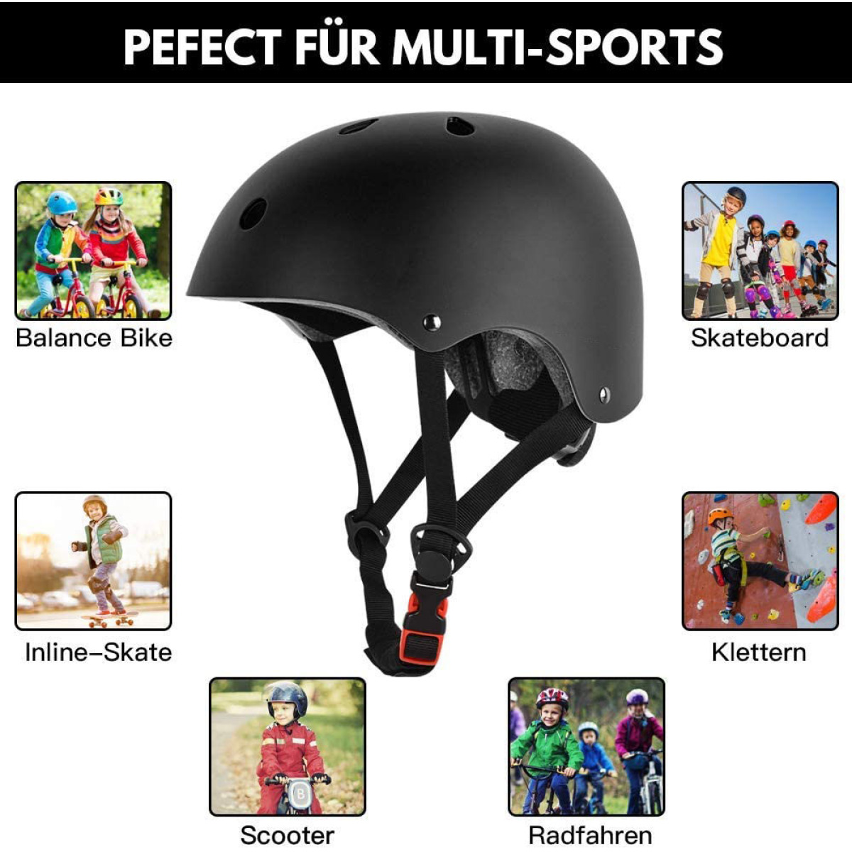 Schwarzer Helm mit Multi-Sport-Symbolen, darunter Fahrräder, Skateboards und Klettern.