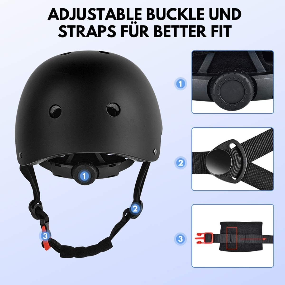Schwarzer Helm mit verstellbaren Riemen und Schnallendetails für eine bessere Passform.