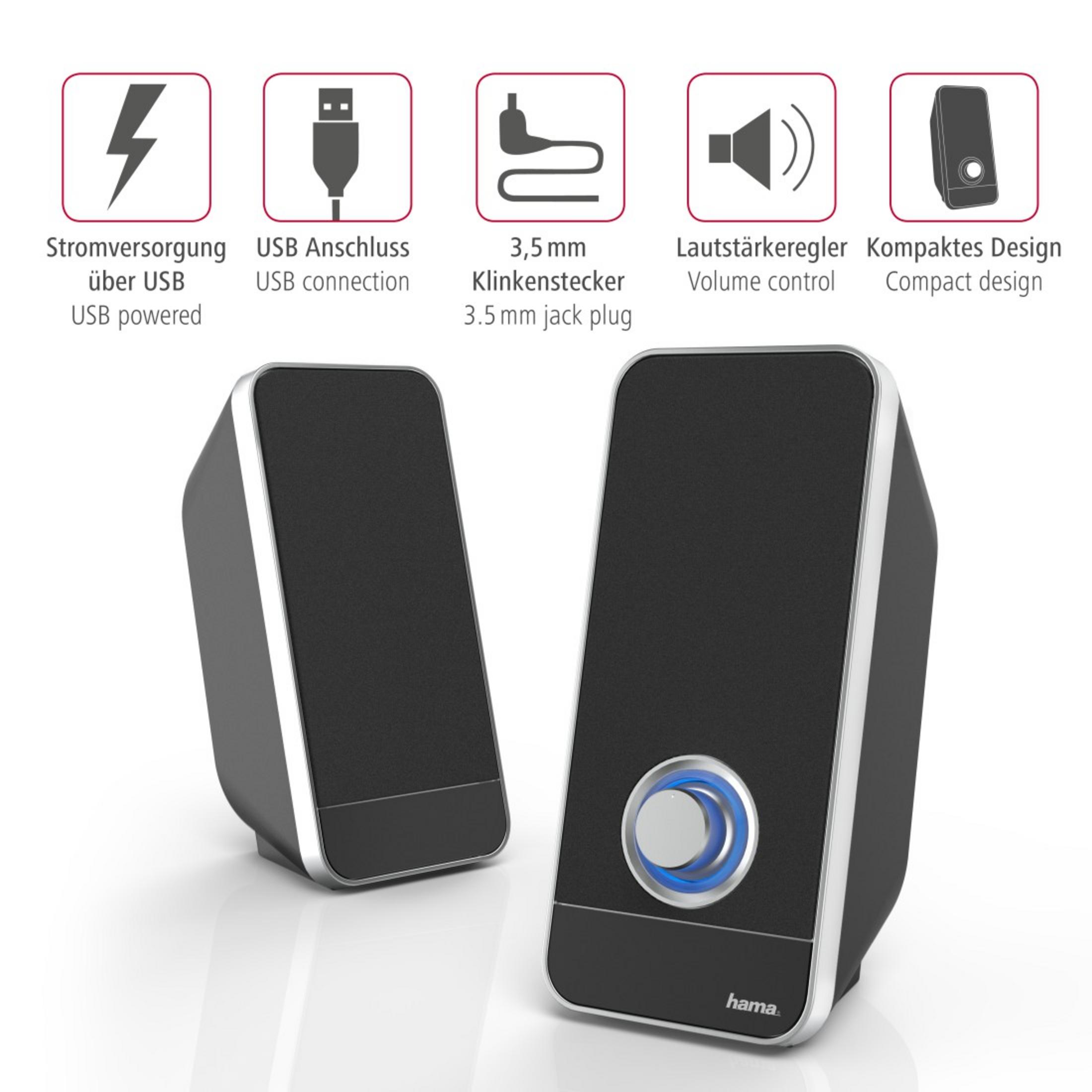 Dwa czarne głośniki komputerowe z ikonami powyżej, które opisują funkcje.