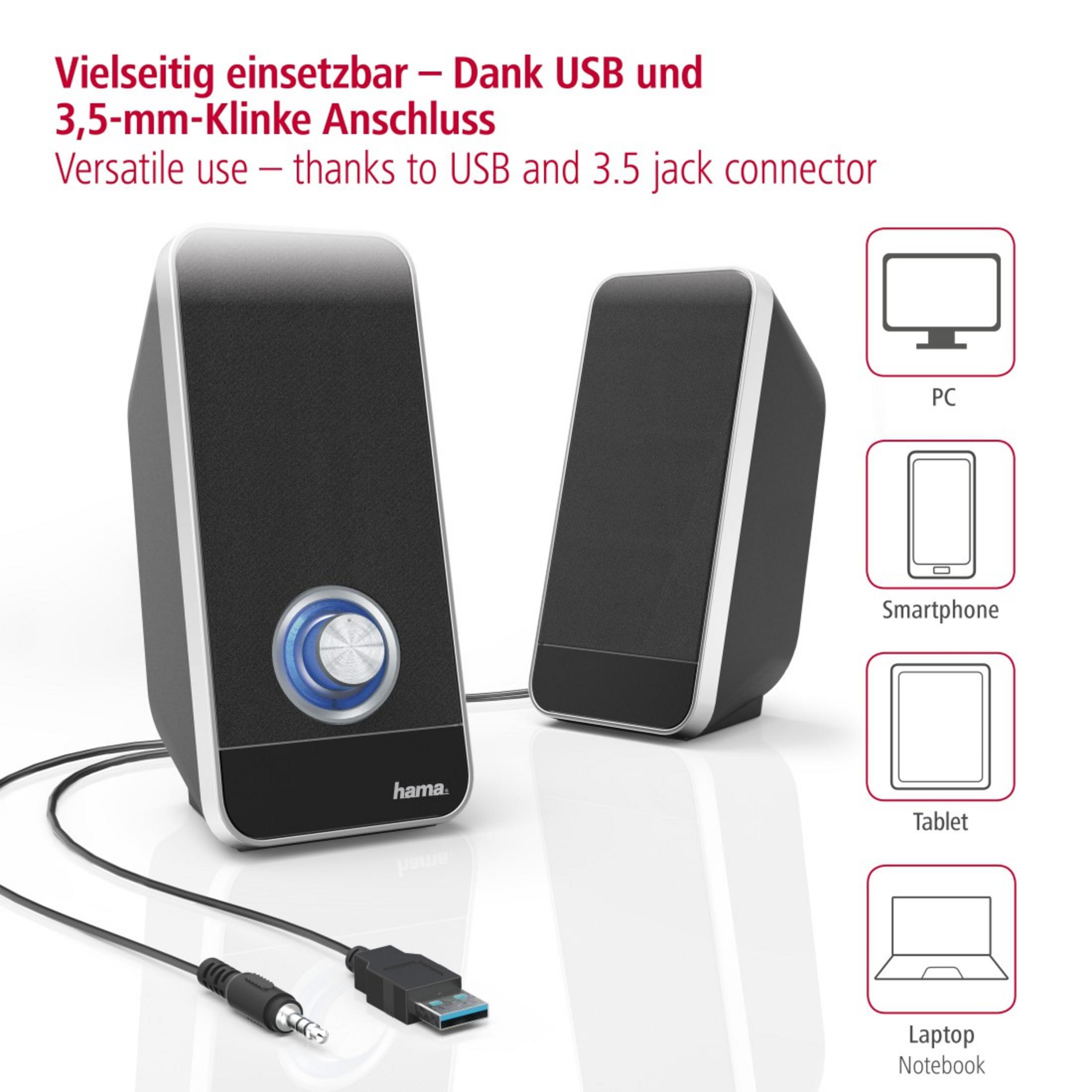 Dwa czarne głośniki z białym obramowaniem i niebieskim światłem.