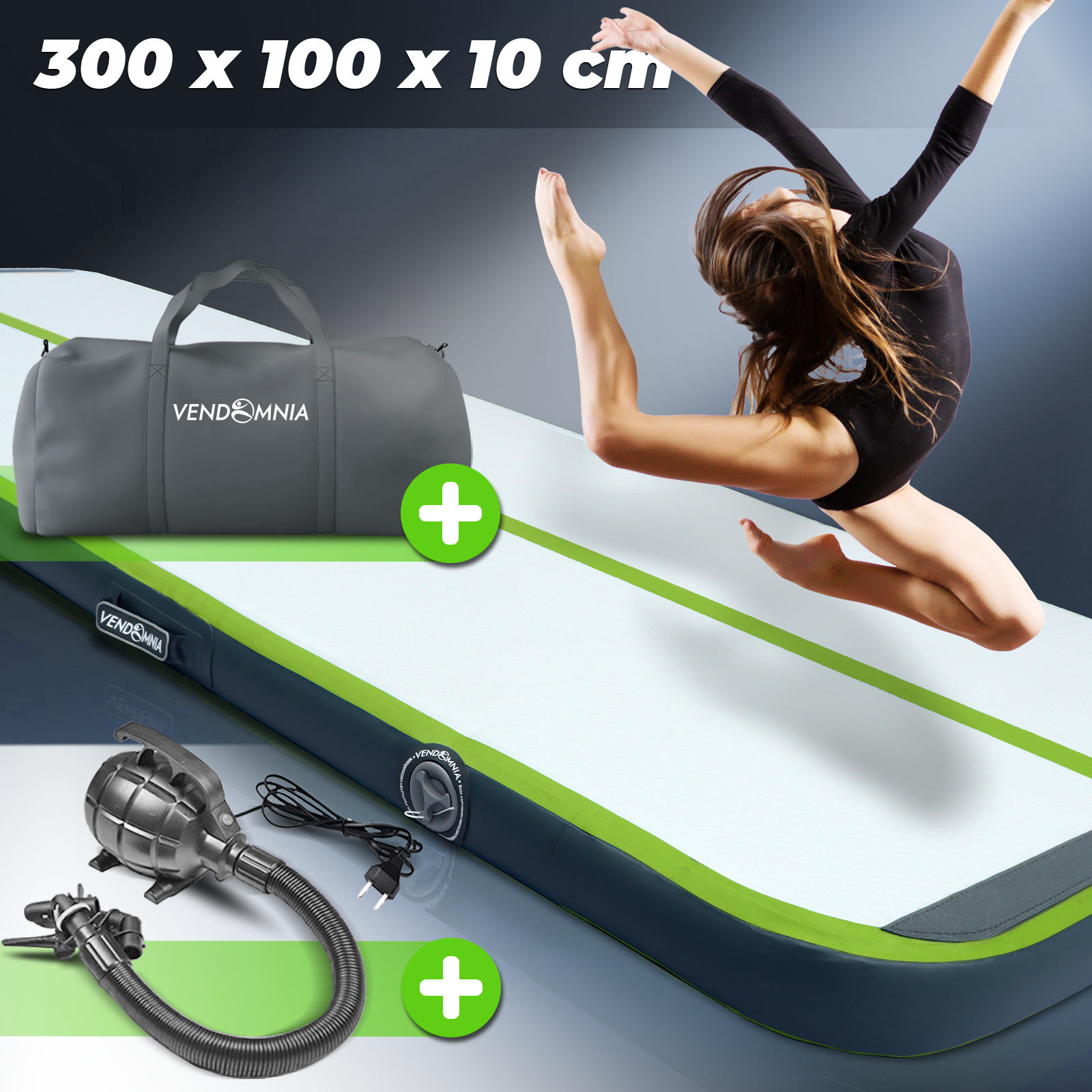 Eine Turnerin in einem schwarzen Trikot springt auf einer Airtrack mit Tasche und Pumpe.