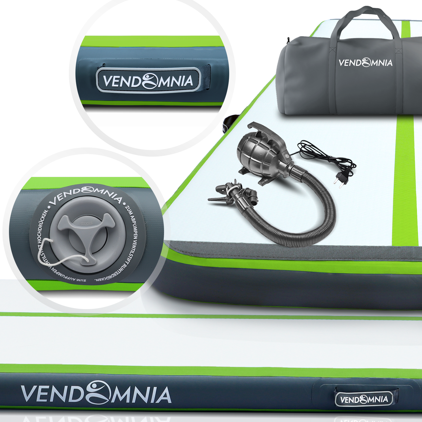 Aufblasbare Matte mit der Marke Vendomnia und Pumpe und Tragetasche oben.