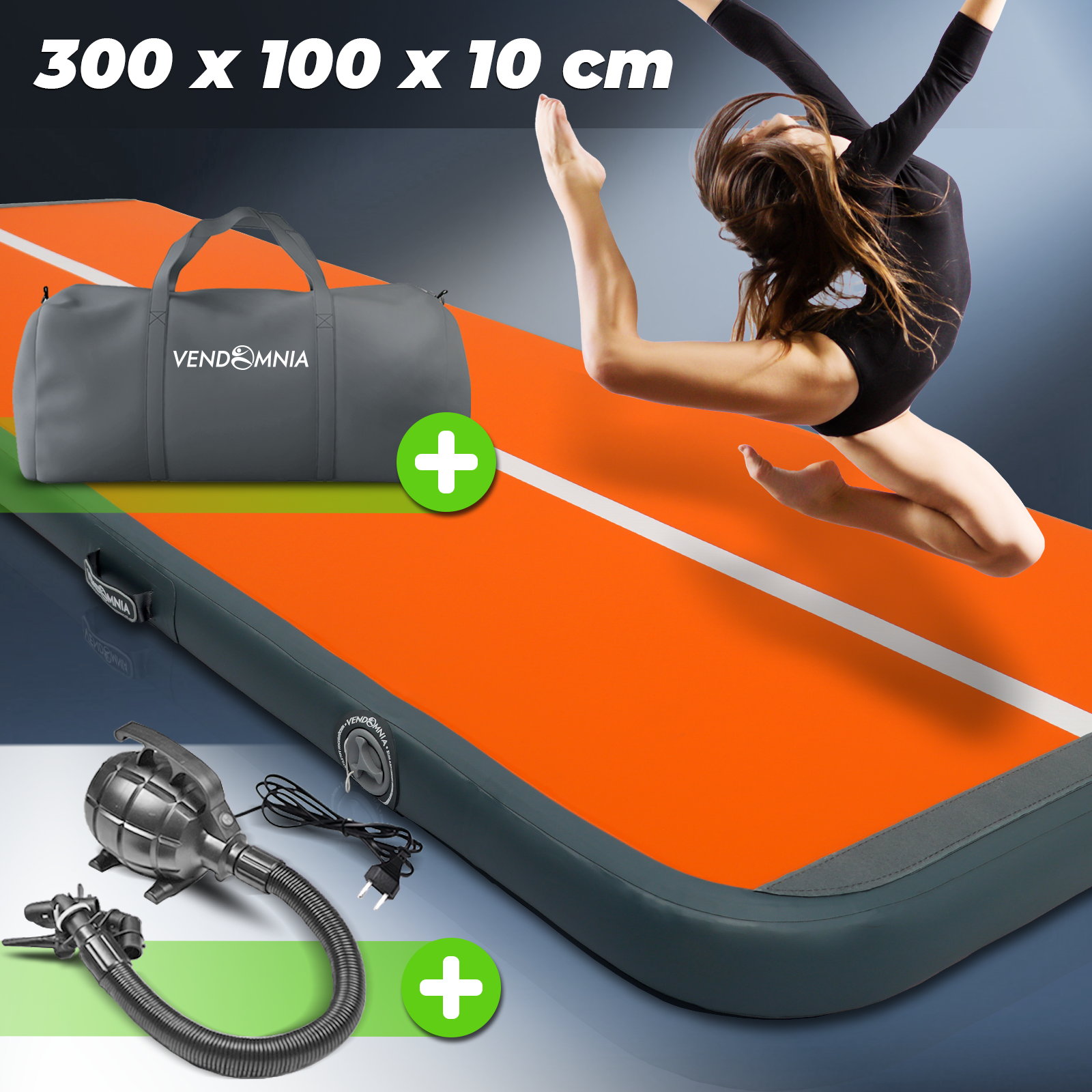 Turner auf einer orangefarbenen Airtrack mit Tasche, Pumpe und Text: 300x100x10 cm.