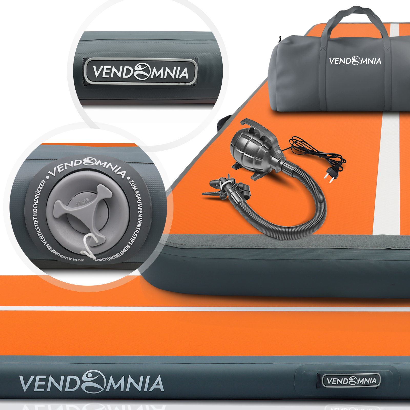 Aufblasbare Fitnessmatte mit Pumpe und Tasche. Grau, orange und weiß. Vendomnia-Logo sichtbar.