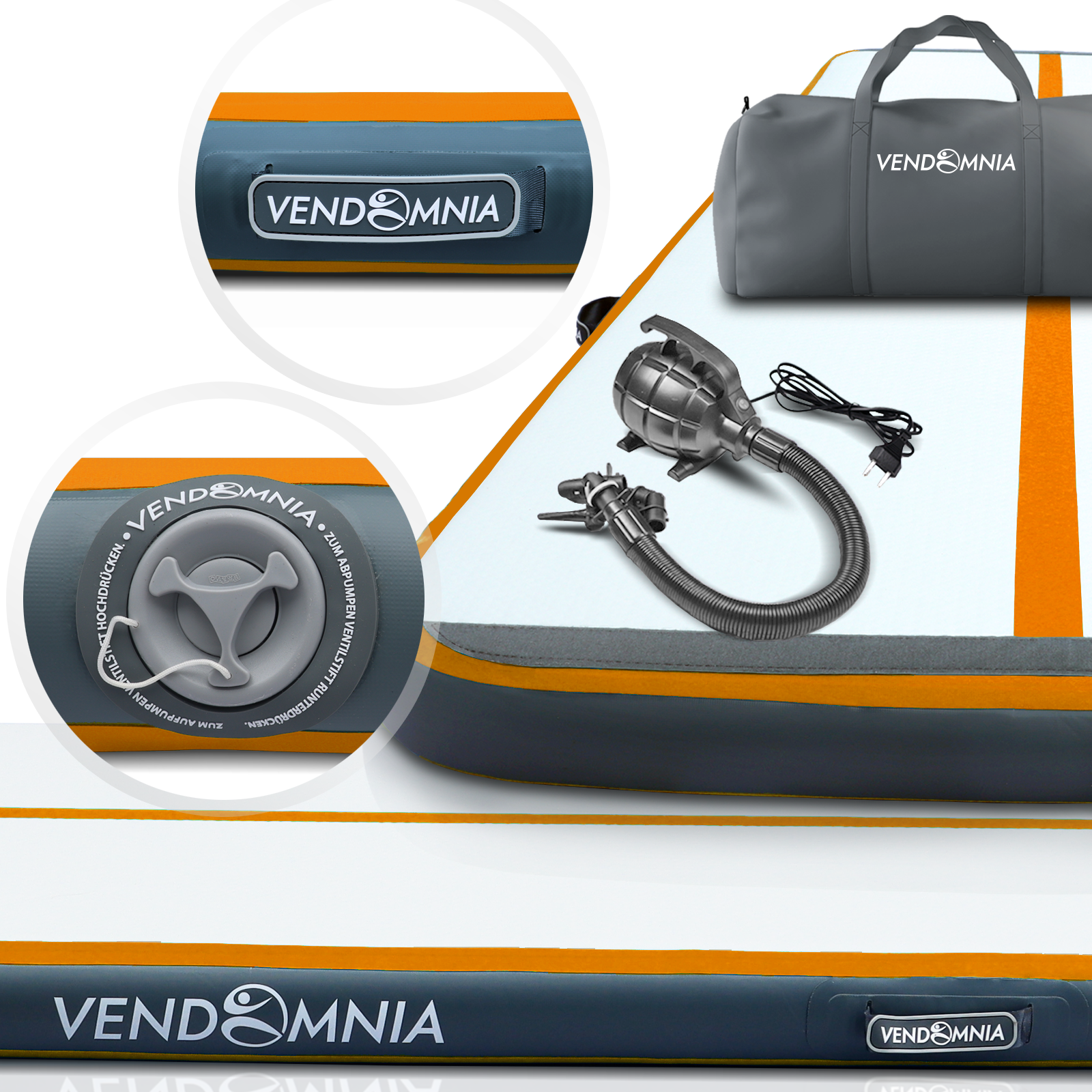 Aufblasbare Matte mit Pumpe und Tasche. Detailansichten von Ventil und Tasche.
