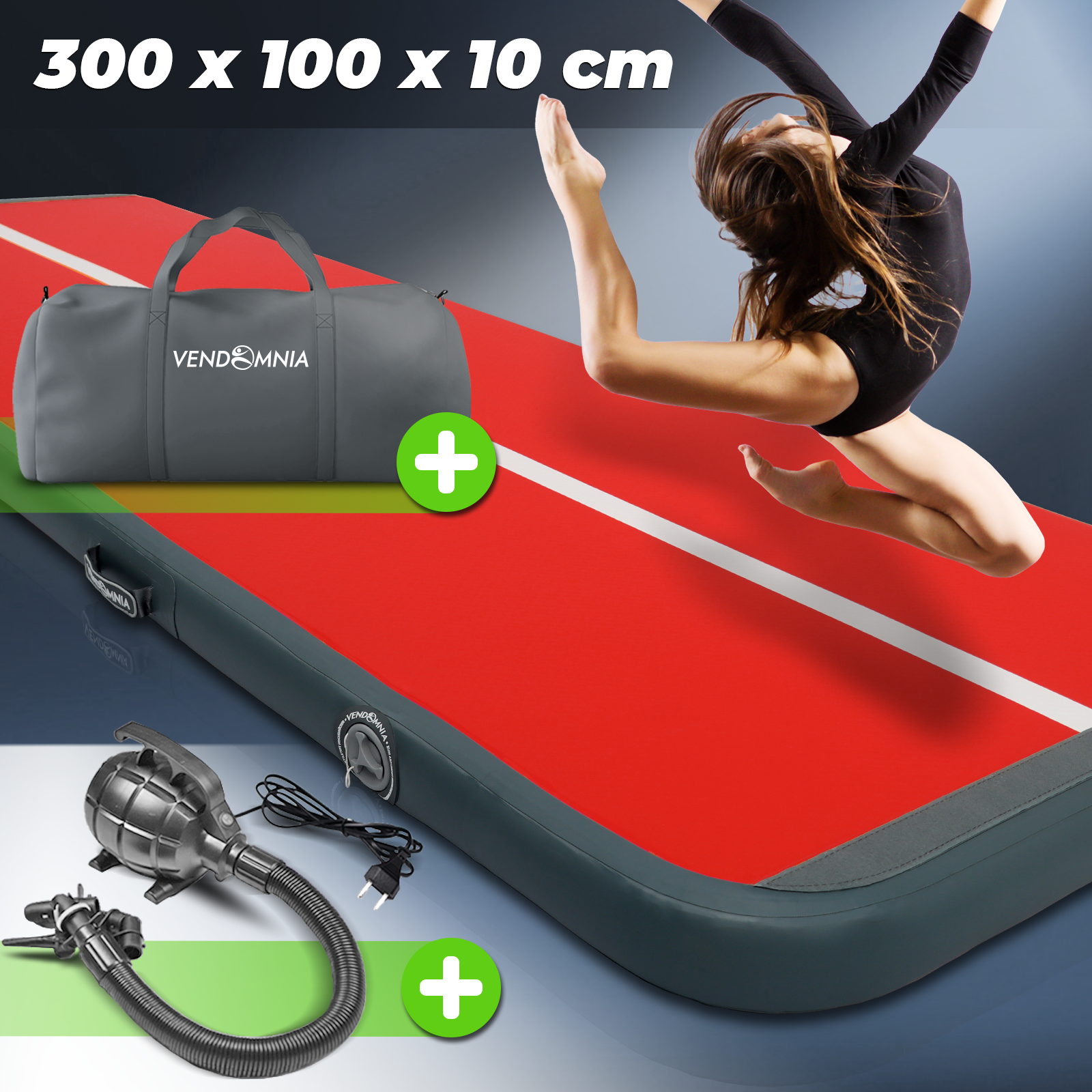 Eine Turnerin in der Luft über einer roten Matte. Eine Reisetasche und eine Pumpe liegen daneben.