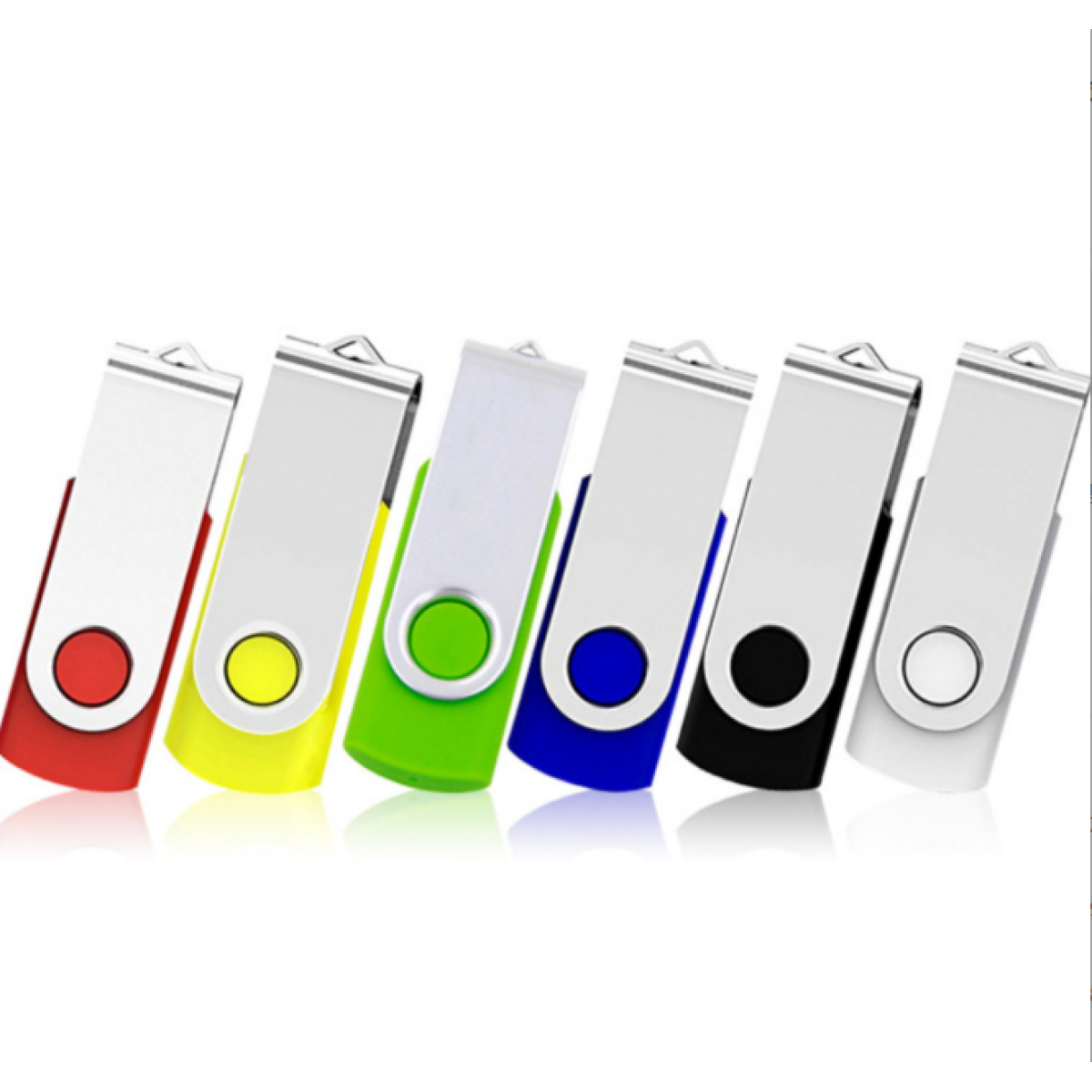 Sechs farbige USB-Sticks in einer Reihe, jeder mit einem andersfarbigen Kreis.