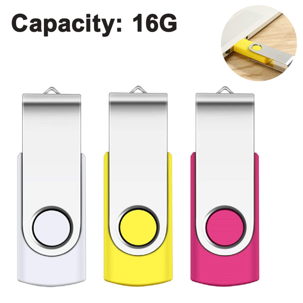 Drei USB-Sticks: weiß, gelb und rosa. Kapazität: 16G.
