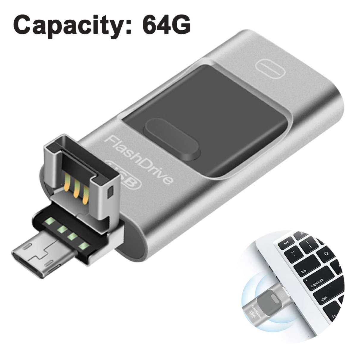 Ein silbernes FlashDrive mit schwarzem Ende und einem silbernen USB-C-Anschluss. Die Wörter FlashDrive und 64G sind sichtbar.