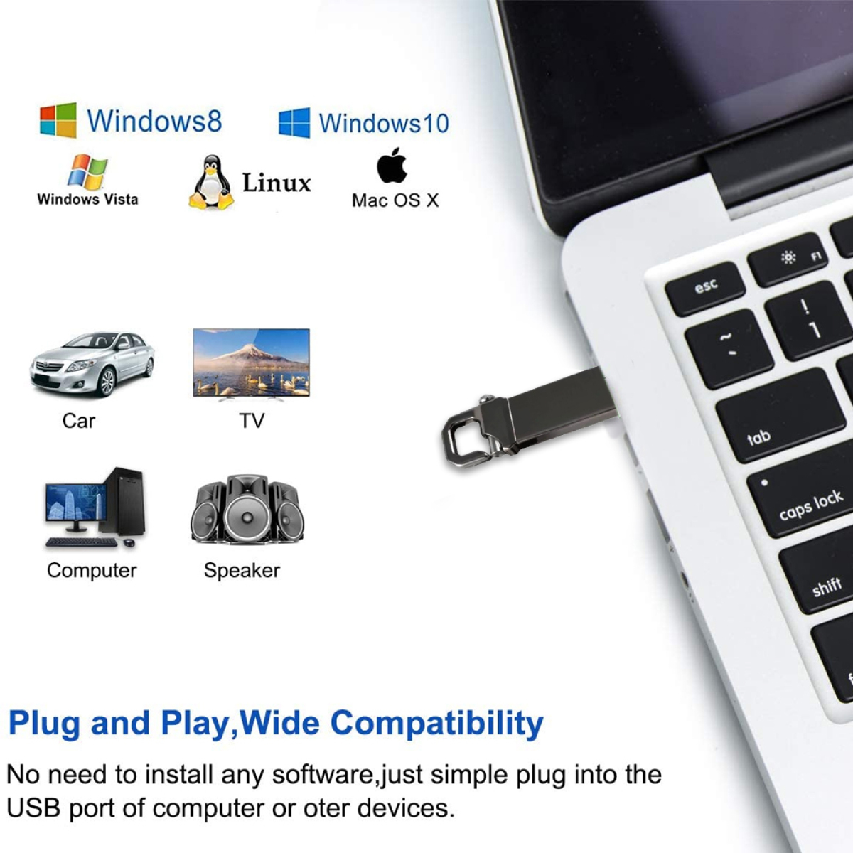 Laptop mit USB, Software- und Geräte-Icons und dem Text Plug and Play.