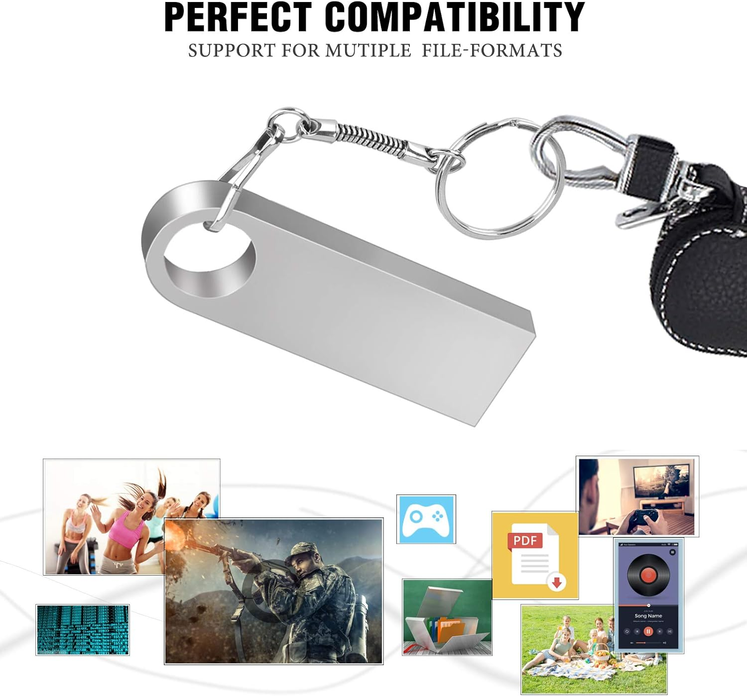 USB-Stick, Bilder von Menschen, PDF, Gamecontroller und Musikplayer.