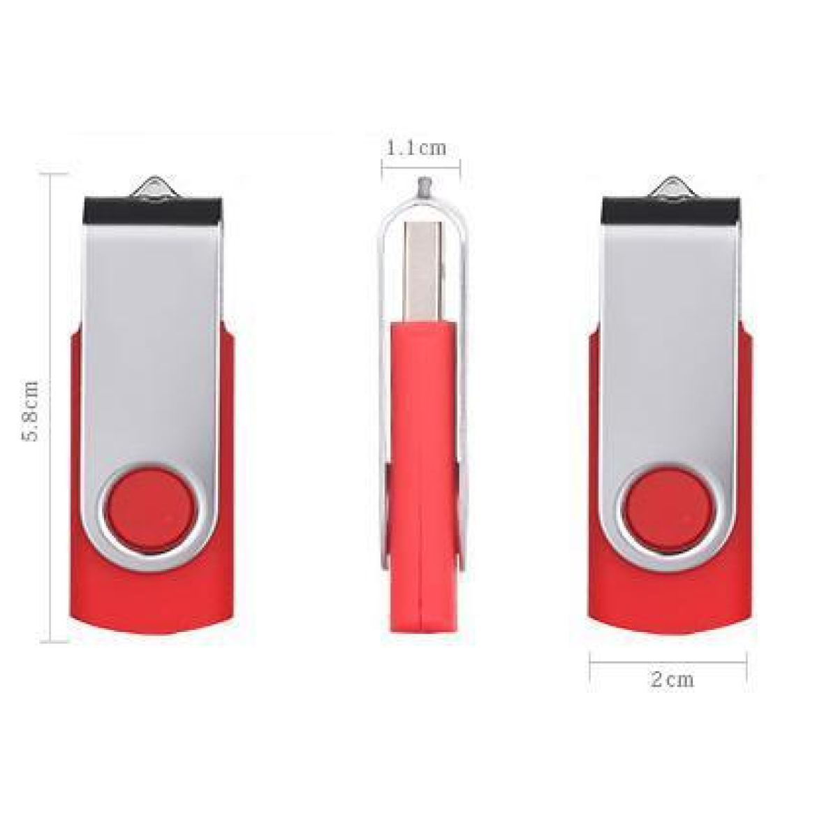 Drei Ansichten eines roten und silbernen USB-Laufwerks. Abmessungen: 5,8 cm, 2 cm und 1,1 cm.
