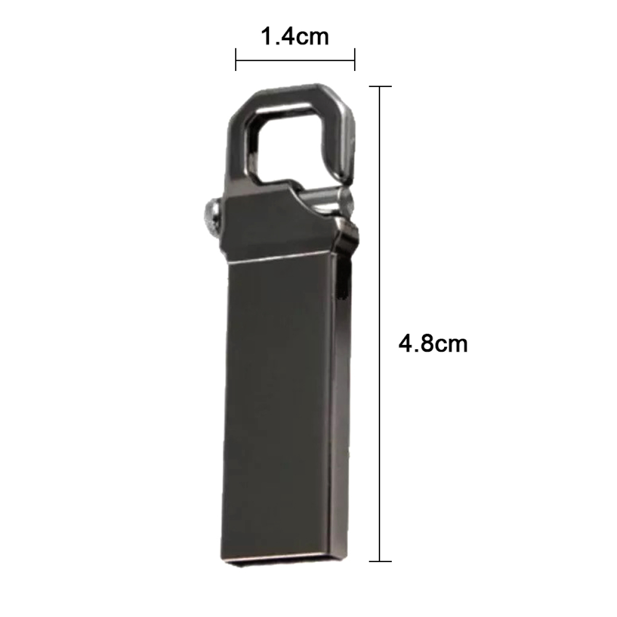 Silberner USB-Stick mit Haken, 4,8 cm lang und 1,4 cm breit, auf weißem Hintergrund.