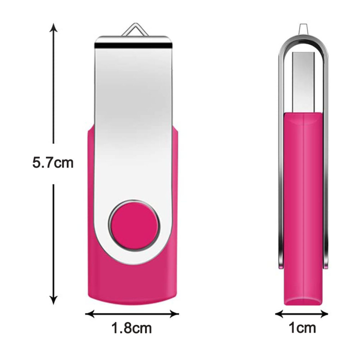 Rosa USB-Stick, mit Größenangaben daneben. Aus 2 Winkeln betrachtet.