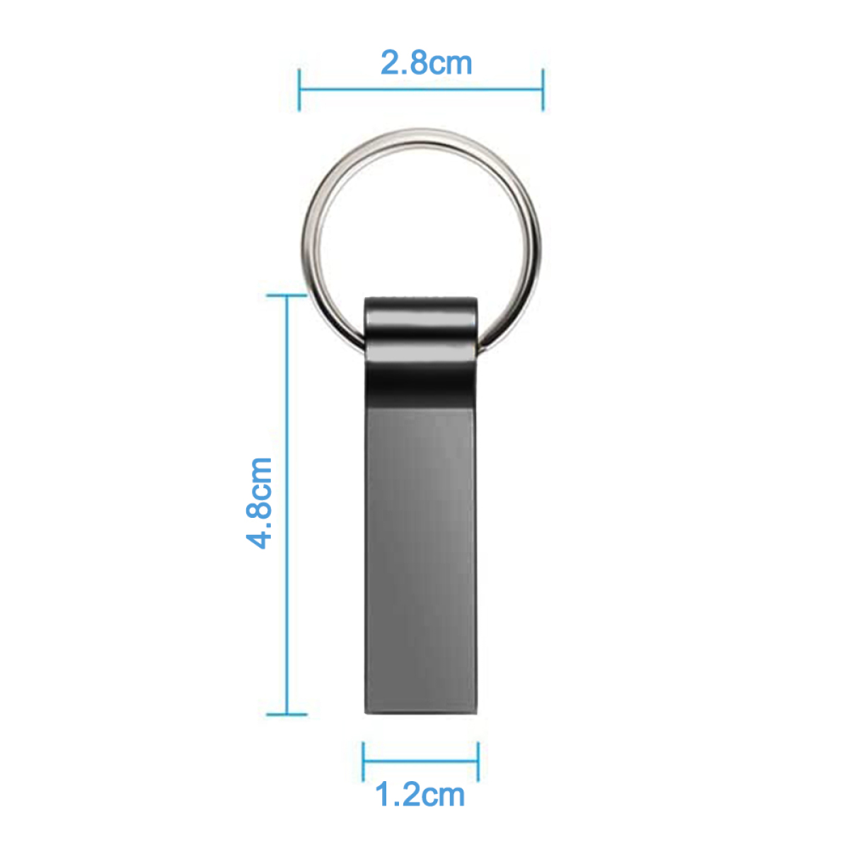 Silberner USB-Stick mit Ring. Abmessungen: 4,8 cm, 2,8 cm, 1,2 cm.