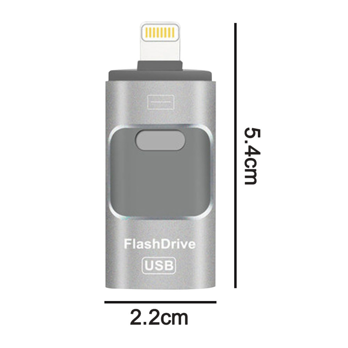 Silberner und grauer USB-Stick mit Maßen. Zeigt Lightning-Anschluss.