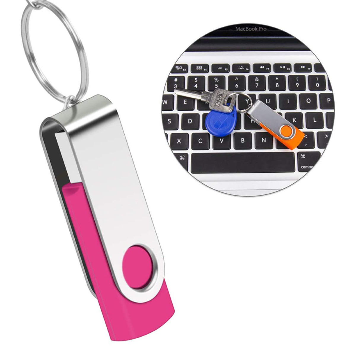 Ein rosa USB-Laufwerk mit silberner Kappe, neben einem Laptop mit Schlüsseln und einem Schlüssel.