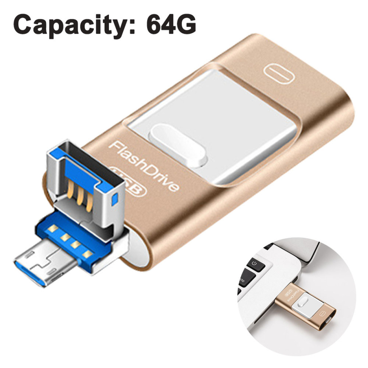 Ein gold-weißer USB-Stick mit blauem Tipp ist an ein Gerät angeschlossen. Kapazität: 64G.