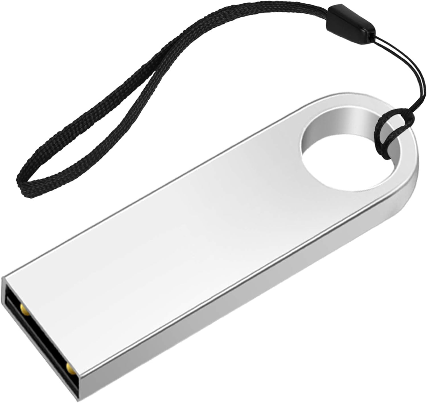 Silberner USB-Stick mit schwarzem Schlüsselband. Der Stick ist rechteckig mit Loch.