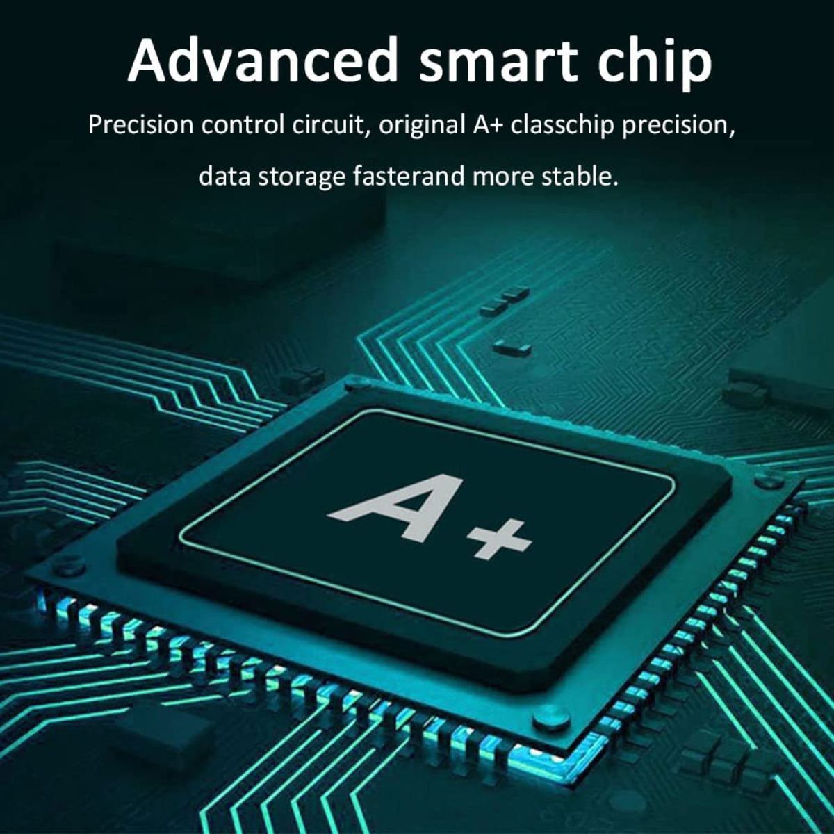 Nahaufnahme einer blau-grünen Leiterplatte mit einem quadratischen Chip mit der Aufschrift 'A+'.
