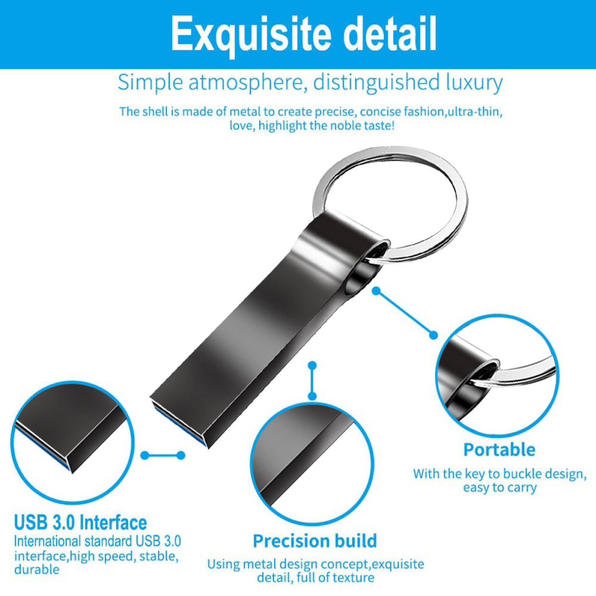 Silberner USB-Stick mit Schlüsselring, Nahaufnahme mit hervorgehobenen Details, auf Weiß.