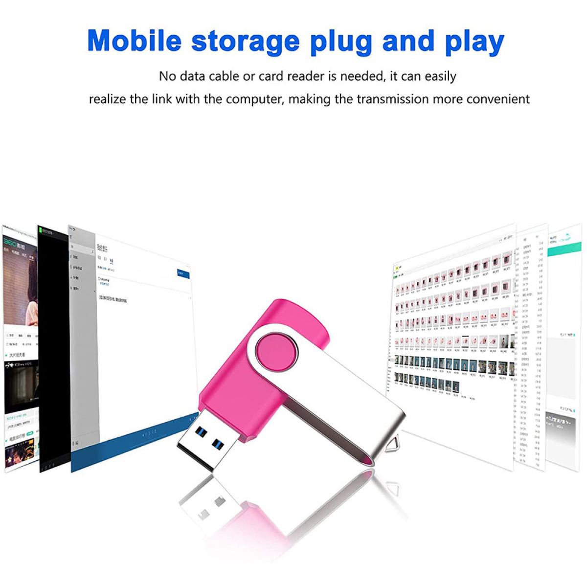 Pink-silberner USB-Stick. Mehrere Bildschirme mit Dokumenten im Hintergrund.
