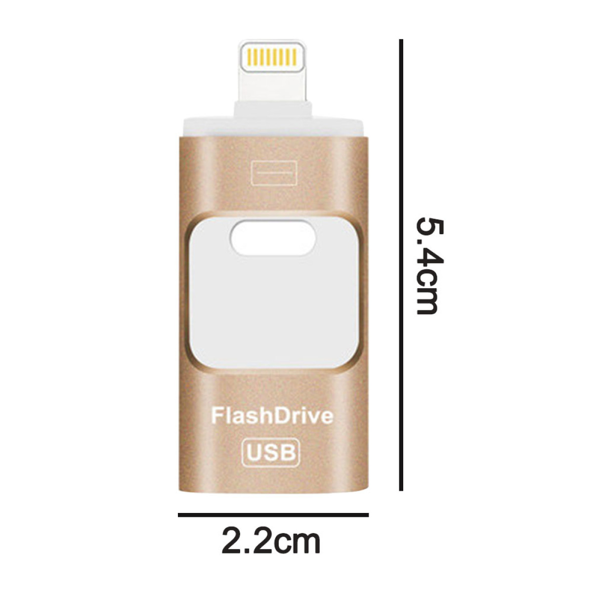 Goldener USB-Stick mit Lightning-Anschluss. Es zeigt Abmessungen und hat ein USB-Logo.