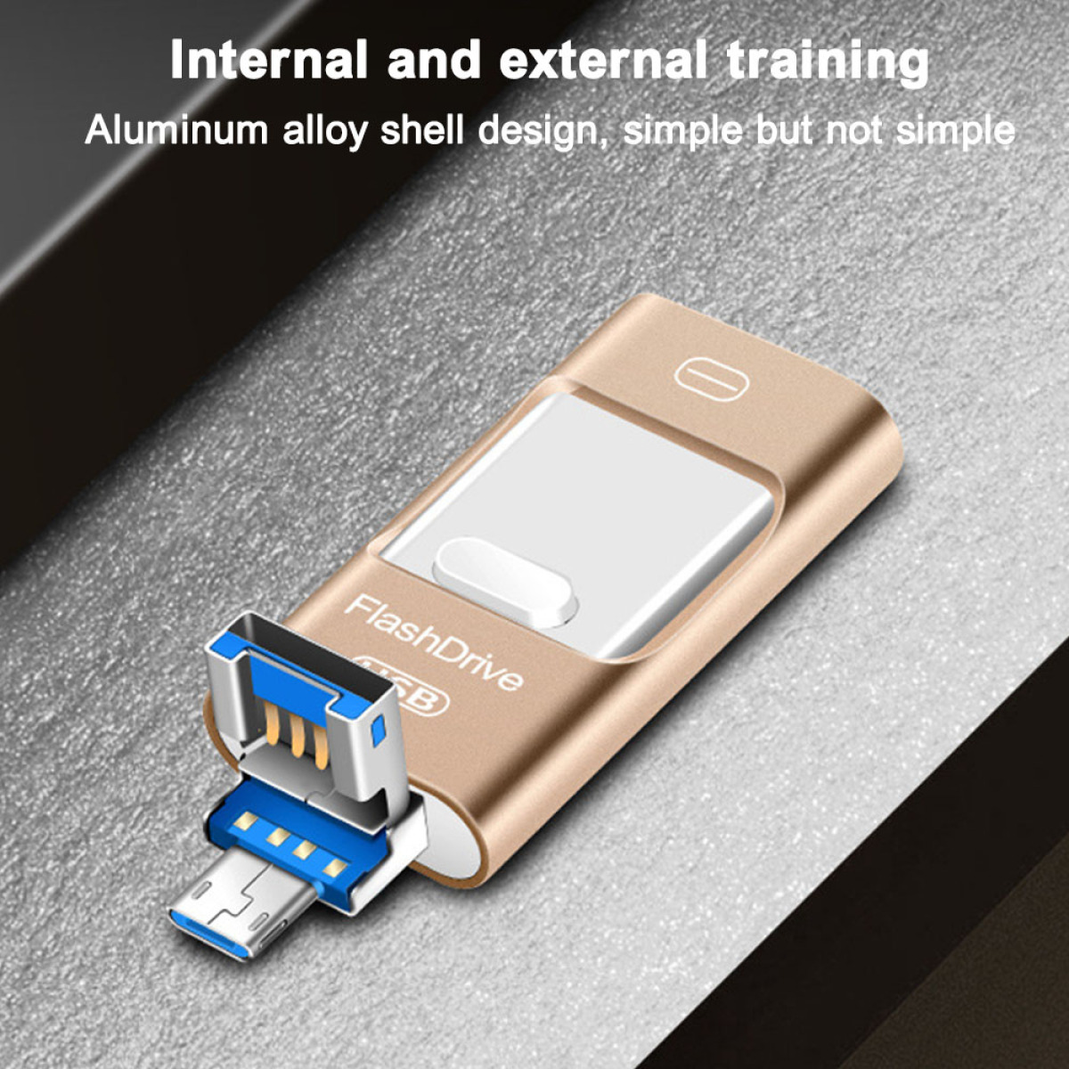 Goldener und blauer USB-Stick mit weißem Abschnitt und sichtbarem Anschluss.