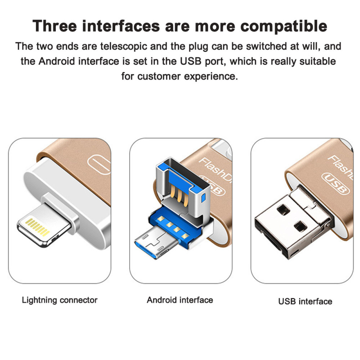 Drei verschiedene USB-Anschlüsse. Lightning, Android und USB-Schnittstellen werden gezeigt.