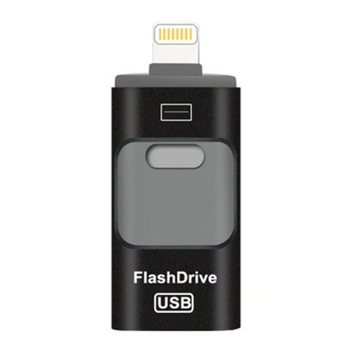 Ein schwarzer USB-Stick mit Lightning-Anschluss und grauem Mittelteil.