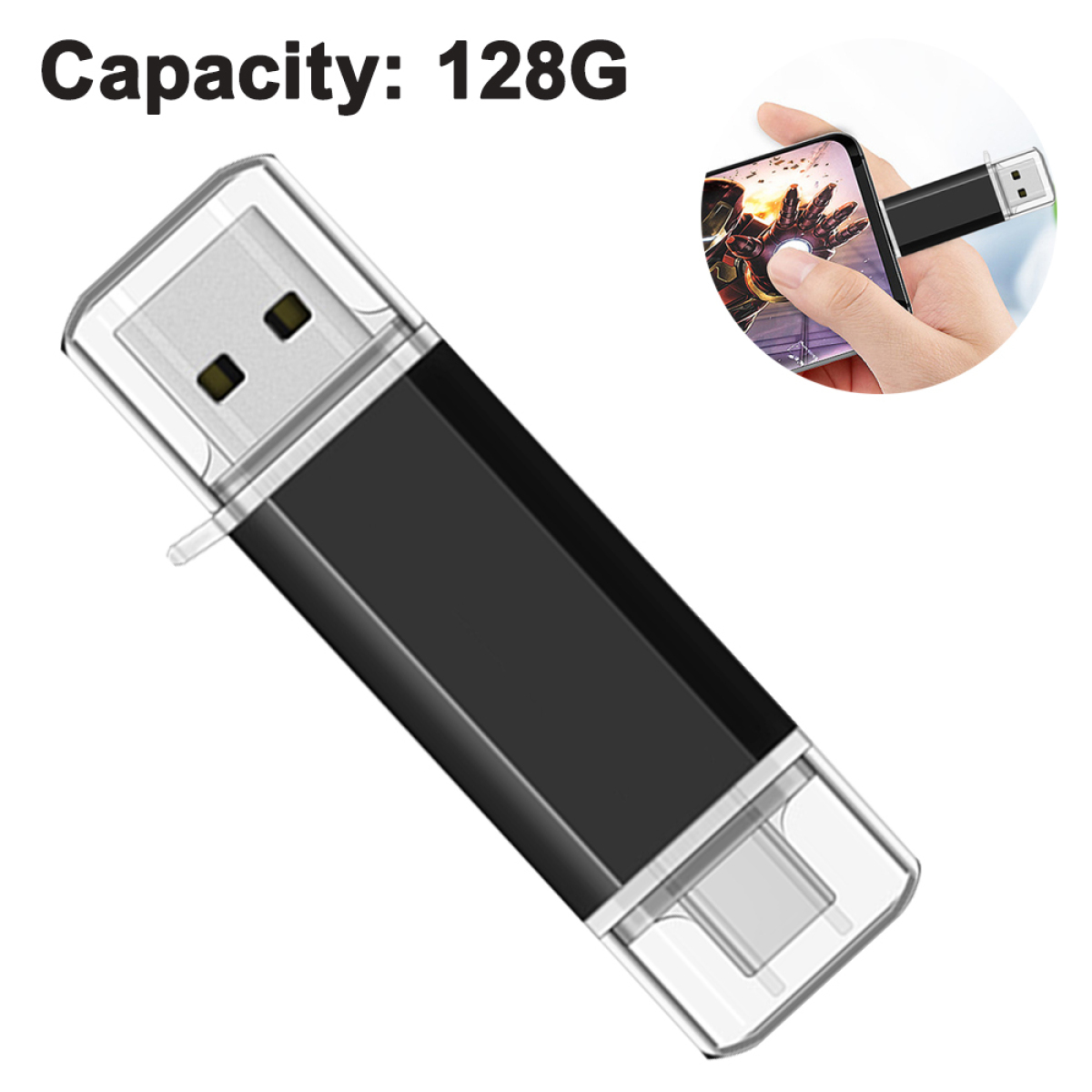 Ein schwarzer und klarer USB-Stick. Ein Telefon zeigt Datenübertragung.