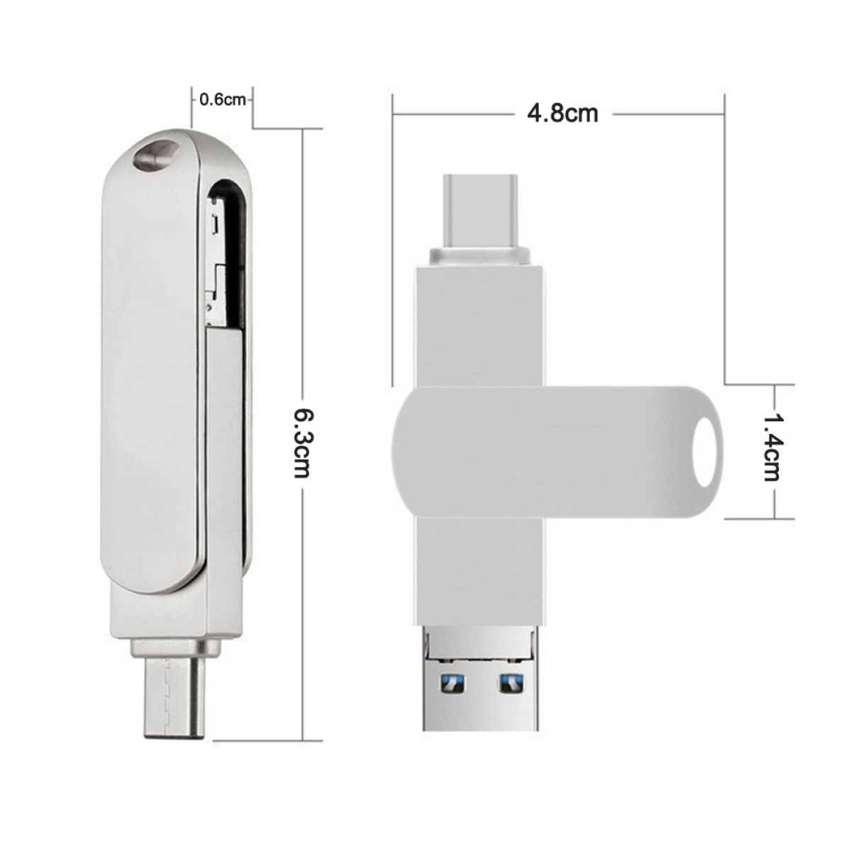 Silberner USB-Stick mit Maßen. Zeigt USB-A- und USB-C-Anschlüsse.