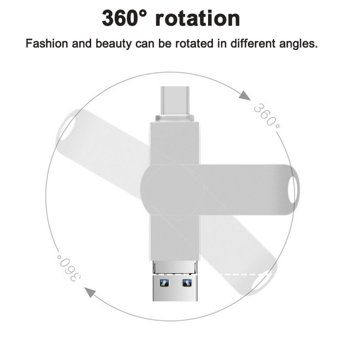 Ein USB-Stick mit Schwenkdesign, das die 360-Grad-Drehung des Anschlusses zeigt.